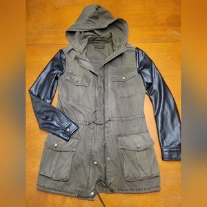 Talula Olive and Black Utility Jacket With Soft Faux Leather Sleeves